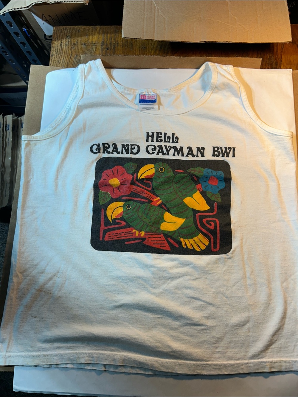 Hell Grand Cayman BWI - White Tank Top with Tropical Parrot Graphic (Stains)